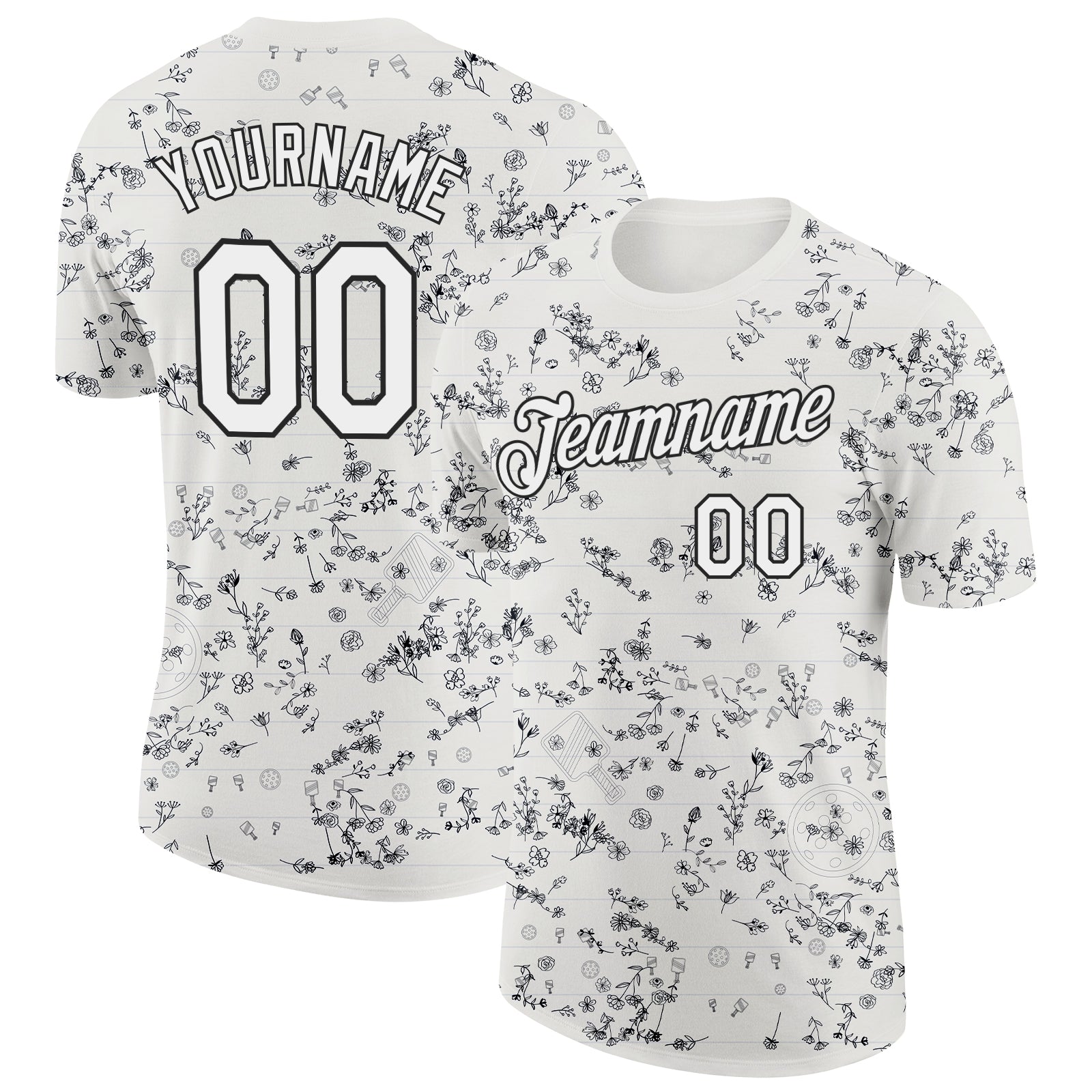 Custom Cream White-Black 3D Pickleball Paddles Balls Floral Performance T-Shirt