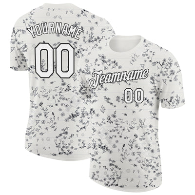 Custom Cream White-Black 3D Pickleball Paddles Balls Floral Performance T-Shirt