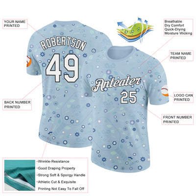 Custom Blue White-Black 3D Pickleball Paddles Balls Floral Performance T-Shirt