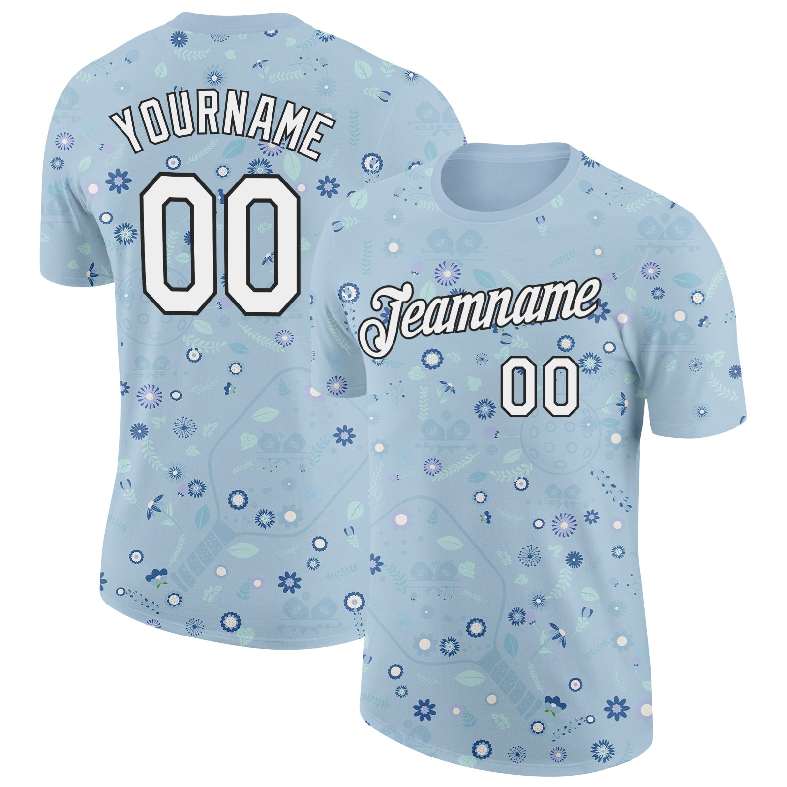 Custom Blue White-Black 3D Pickleball Paddles Balls Floral Performance T-Shirt