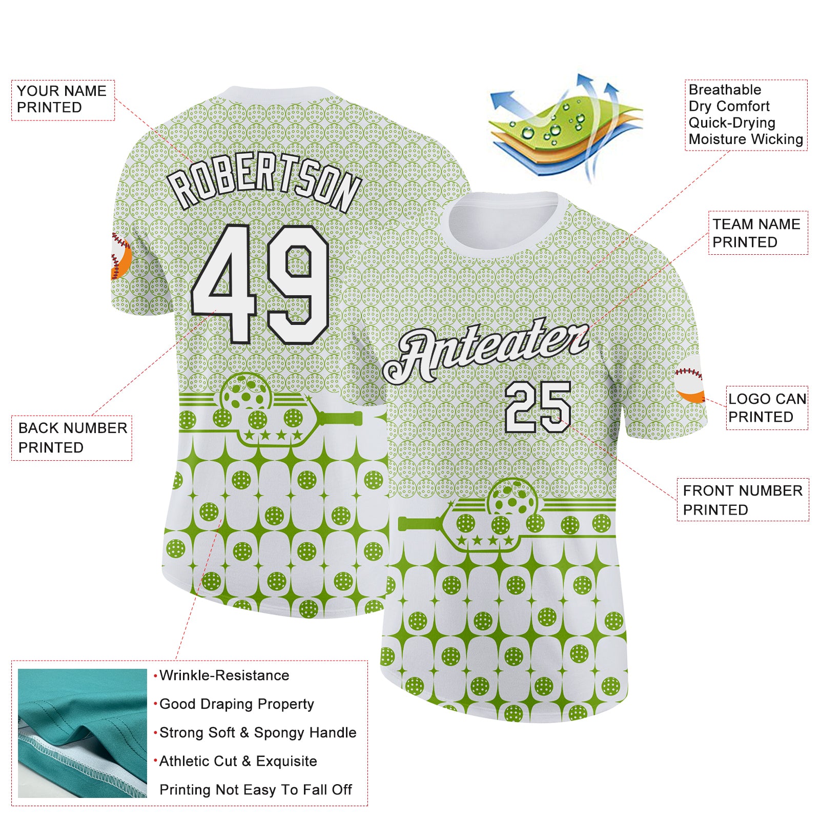 Custom Green White-Black 3D Pickleball Paddles Balls Performance T-Shirt