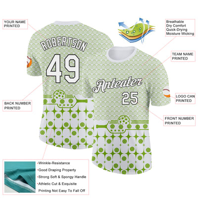 Custom Green White-Black 3D Pickleball Paddles Balls Performance T-Shirt