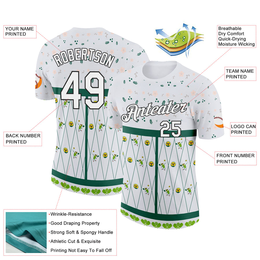 Custom Green White-Black 3D Pickleball Paddles Balls Floral Performance T-Shirt