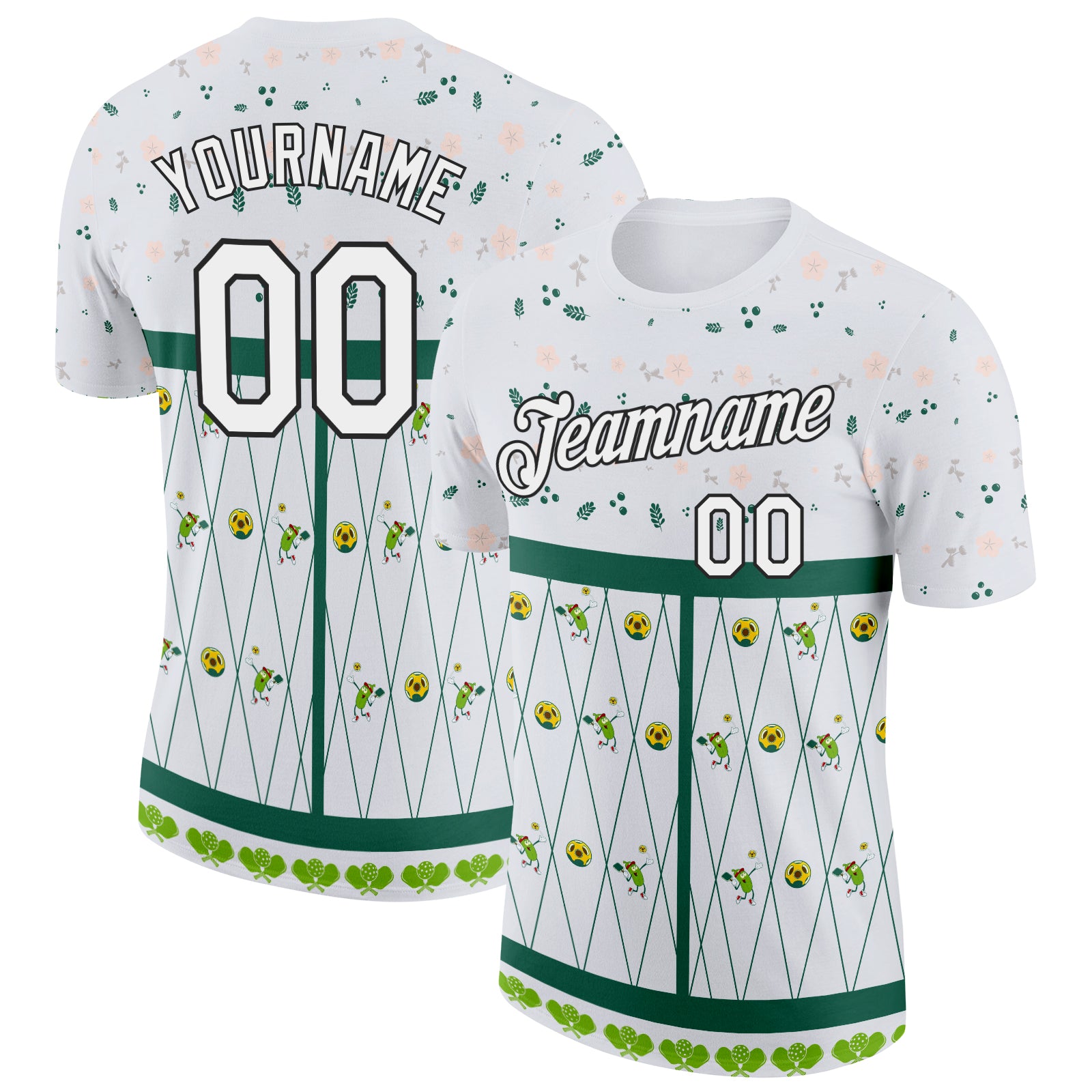 Custom Green White-Black 3D Pickleball Paddles Balls Floral Performance T-Shirt