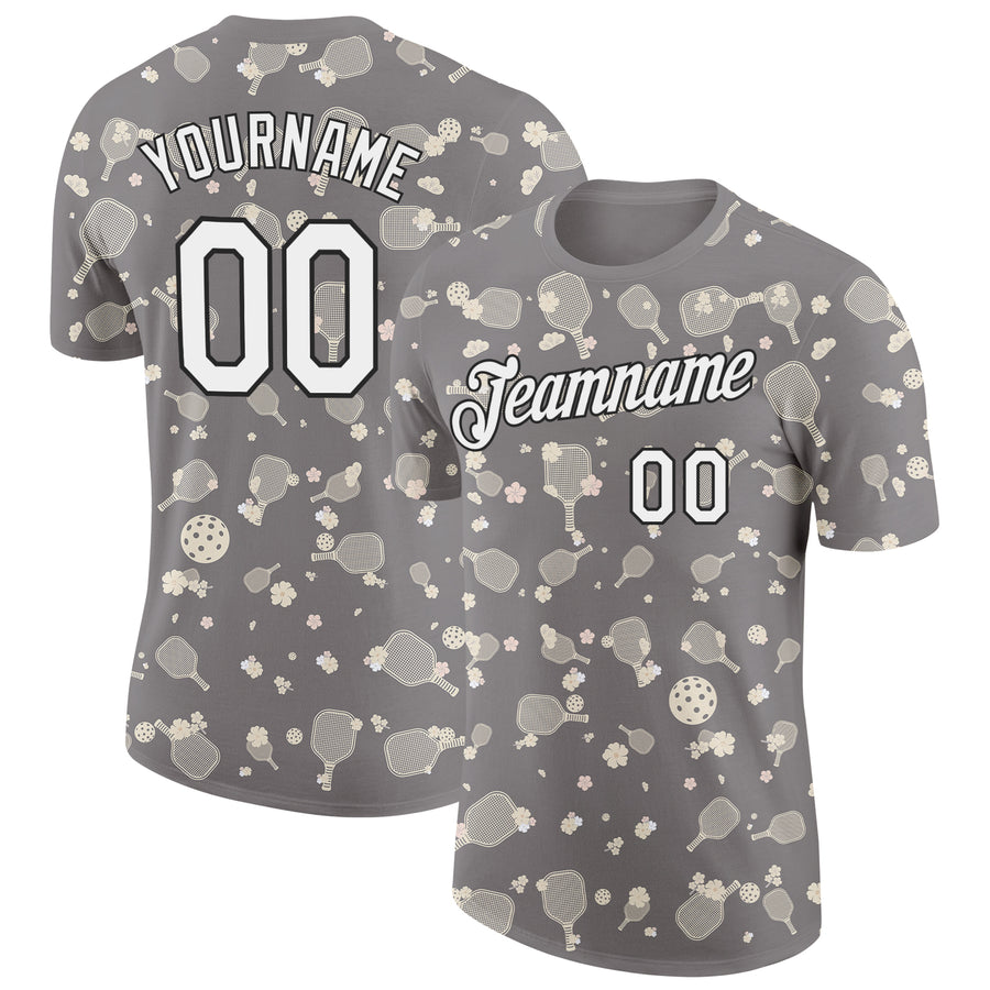 Custom Gray White-Black 3D Pickleball Paddles Balls Floral Performance T-Shirt