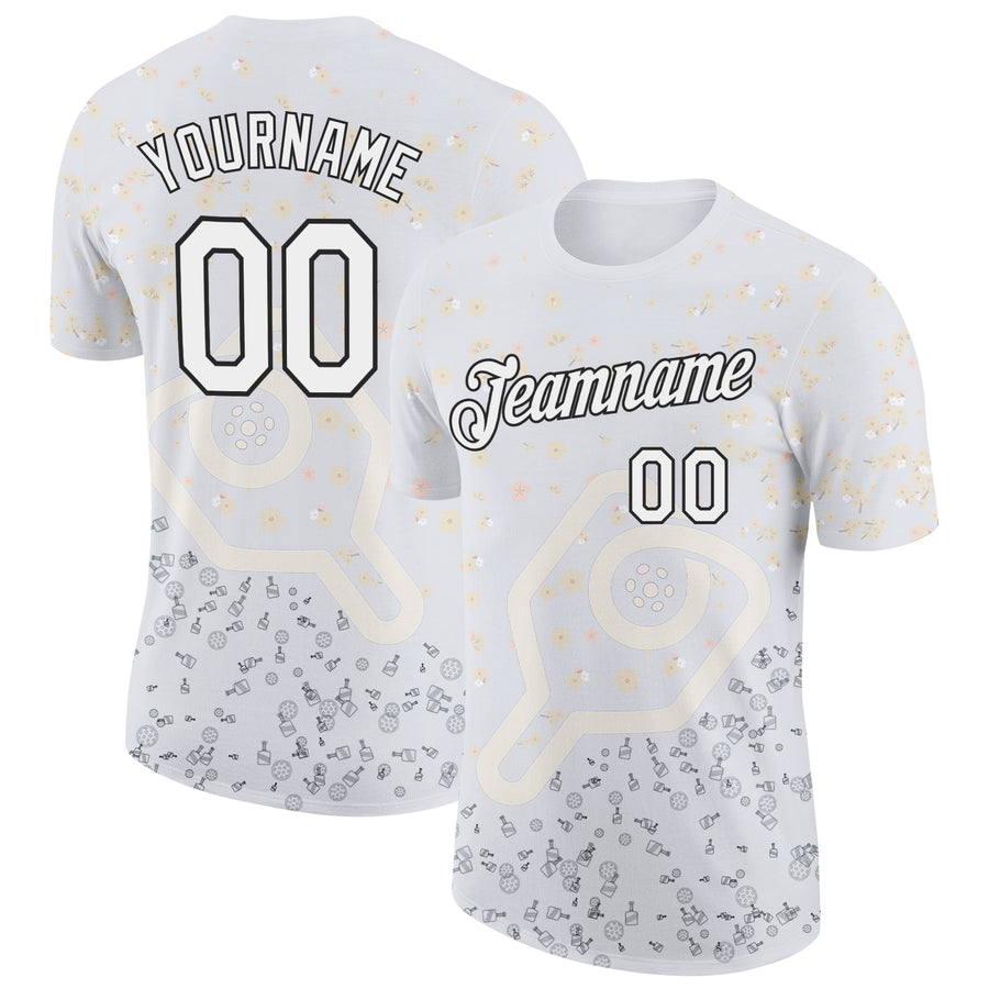 Custom White Black 3D Pickleball Paddles Balls Floral Performance T-Shirt