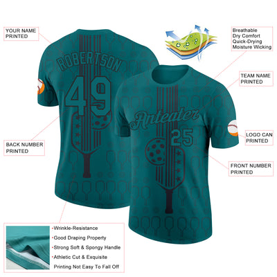 Custom Teal Black 3D Pickleball Paddles Balls Performance T-Shirt