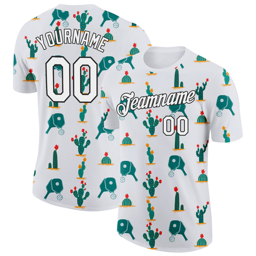 Custom White Black 3D Pickleball Paddles Balls Cactus Performance T-Shirt