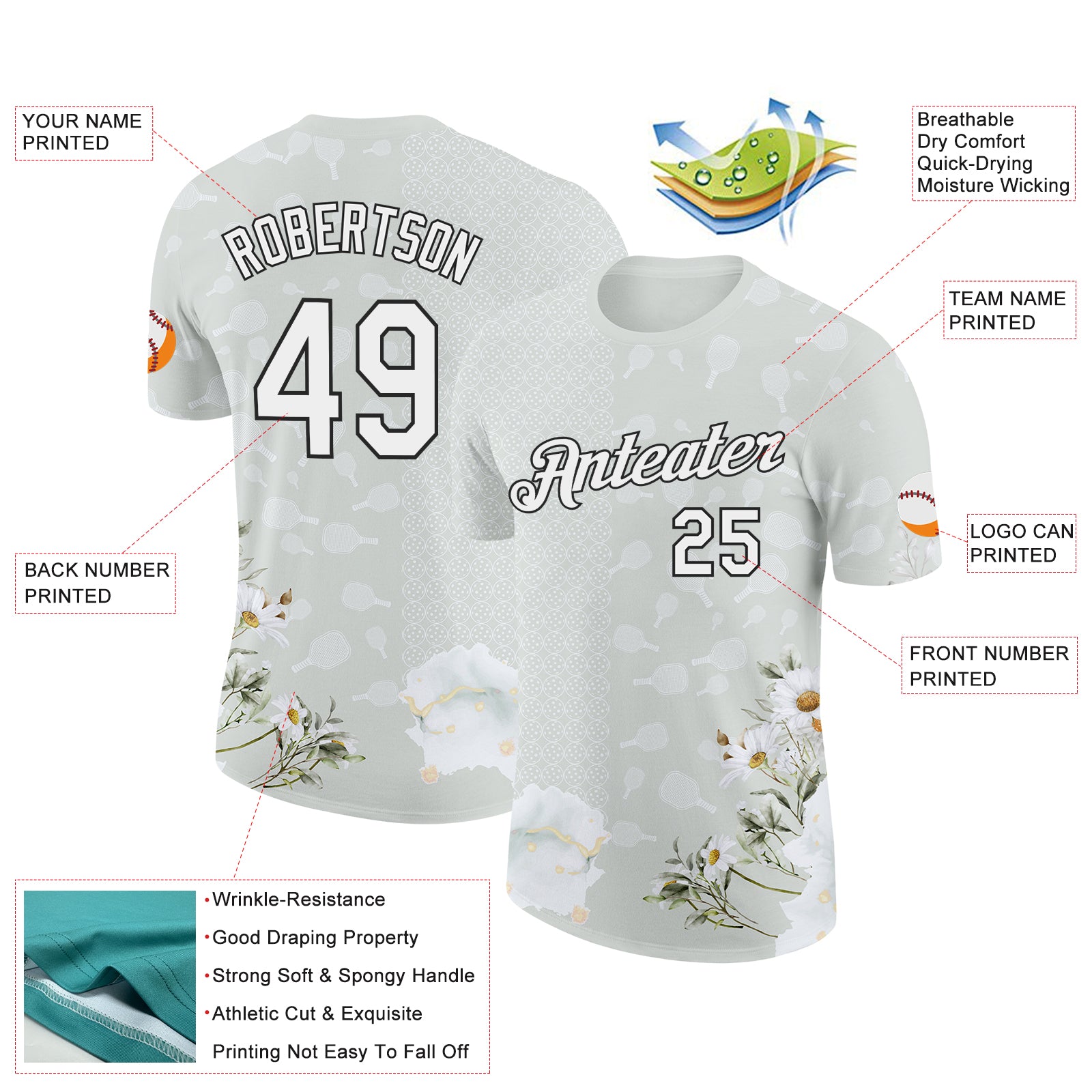 Custom Gray White-Black 3D Pickleball Paddles Balls Floral Performance T-Shirt