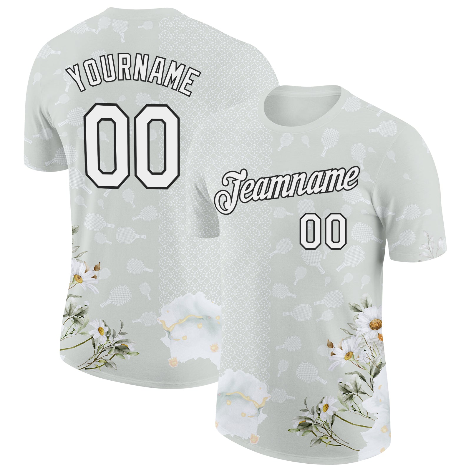 Custom Gray White-Black 3D Pickleball Paddles Balls Floral Performance T-Shirt