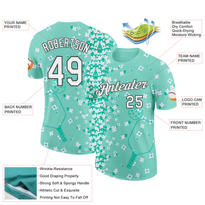Custom Green White-Black 3D Pickleball Paddles Balls Floral Performance T-Shirt