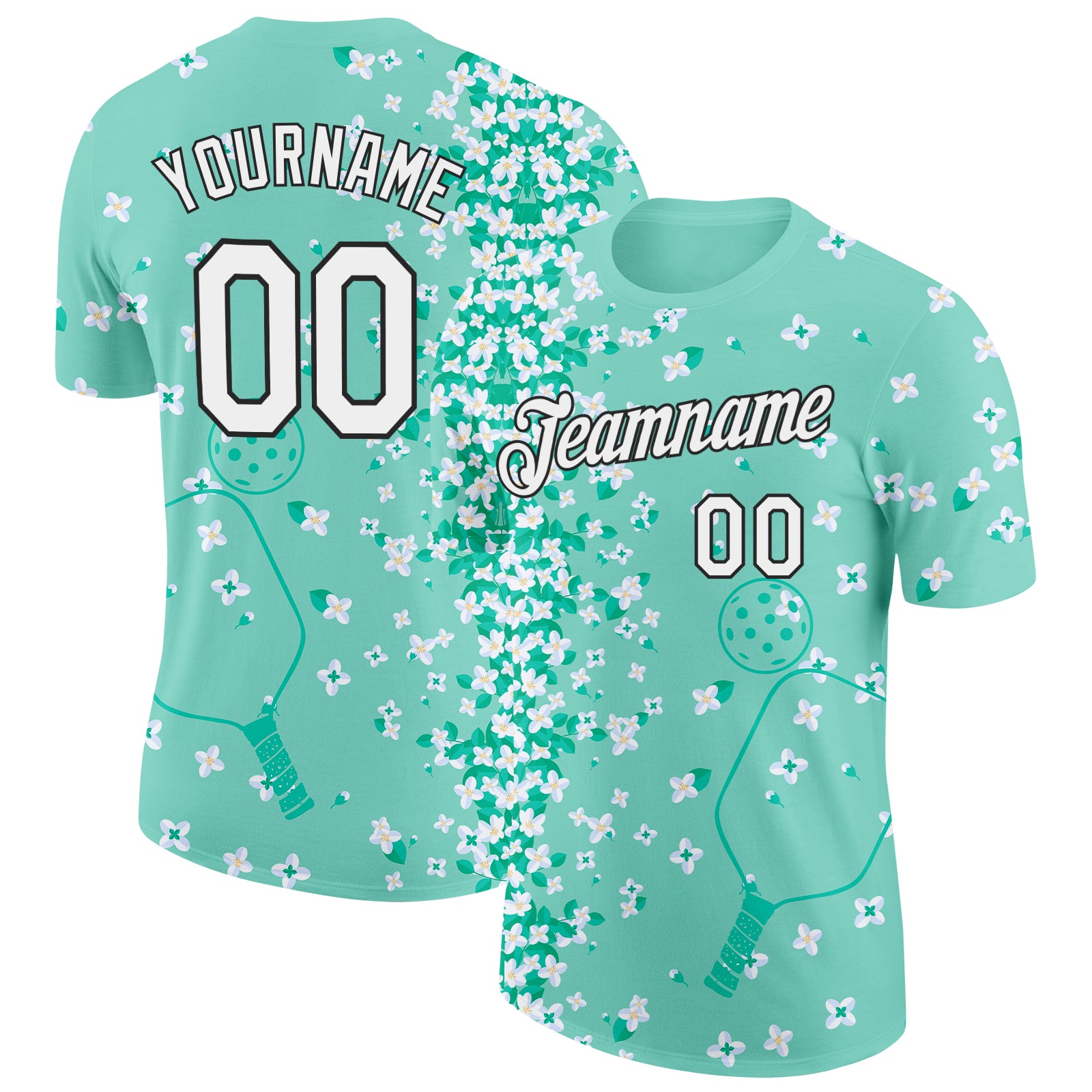 Custom Green White-Black 3D Pickleball Paddles Balls Floral Performance T-Shirt