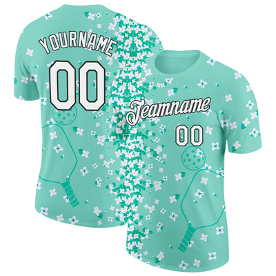Custom Green White-Black 3D Pickleball Paddles Balls Floral Performance T-Shirt