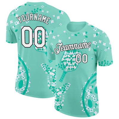 Custom Green White-Black 3D Pickleball Paddles Balls Floral Performance T-Shirt