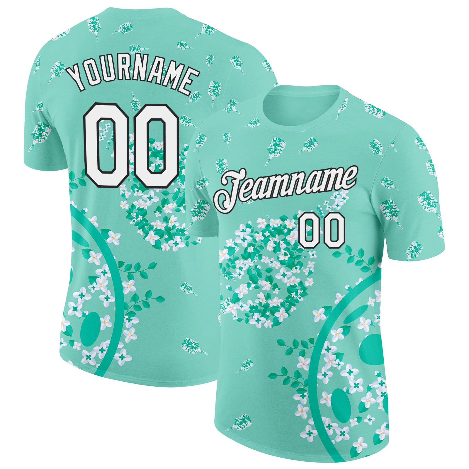 Custom Green White-Black 3D Pickleball Paddles Balls Floral Performance T-Shirt