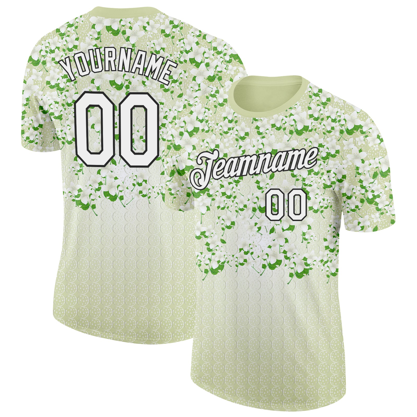 Custom Green White-Black 3D Pickleball Balls Floral Performance T-Shirt