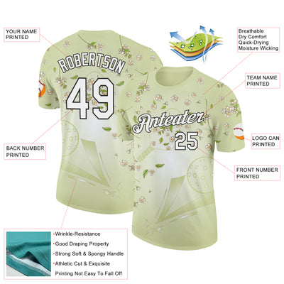 Custom Green White-Black 3D Pickleball Paddles Balls Floral Performance T-Shirt
