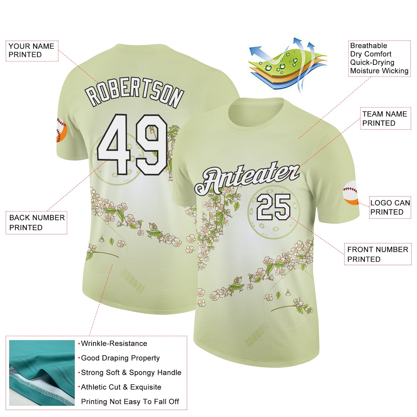 Custom Green White-Black 3D Pickleball Paddles Balls Floral Performance T-Shirt