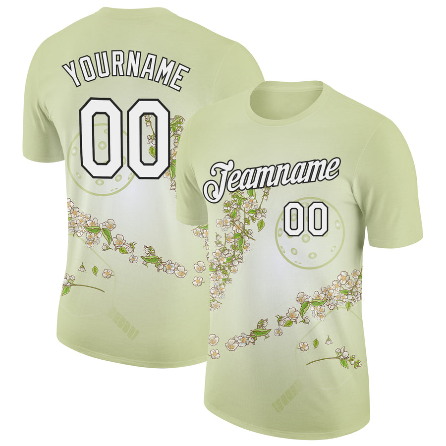 Custom Green White-Black 3D Pickleball Paddles Balls Floral Performance T-Shirt