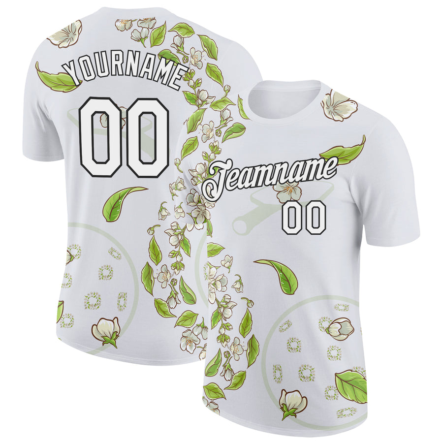 Custom White Black 3D Pickleball Paddles Balls Floral Performance T-Shirt