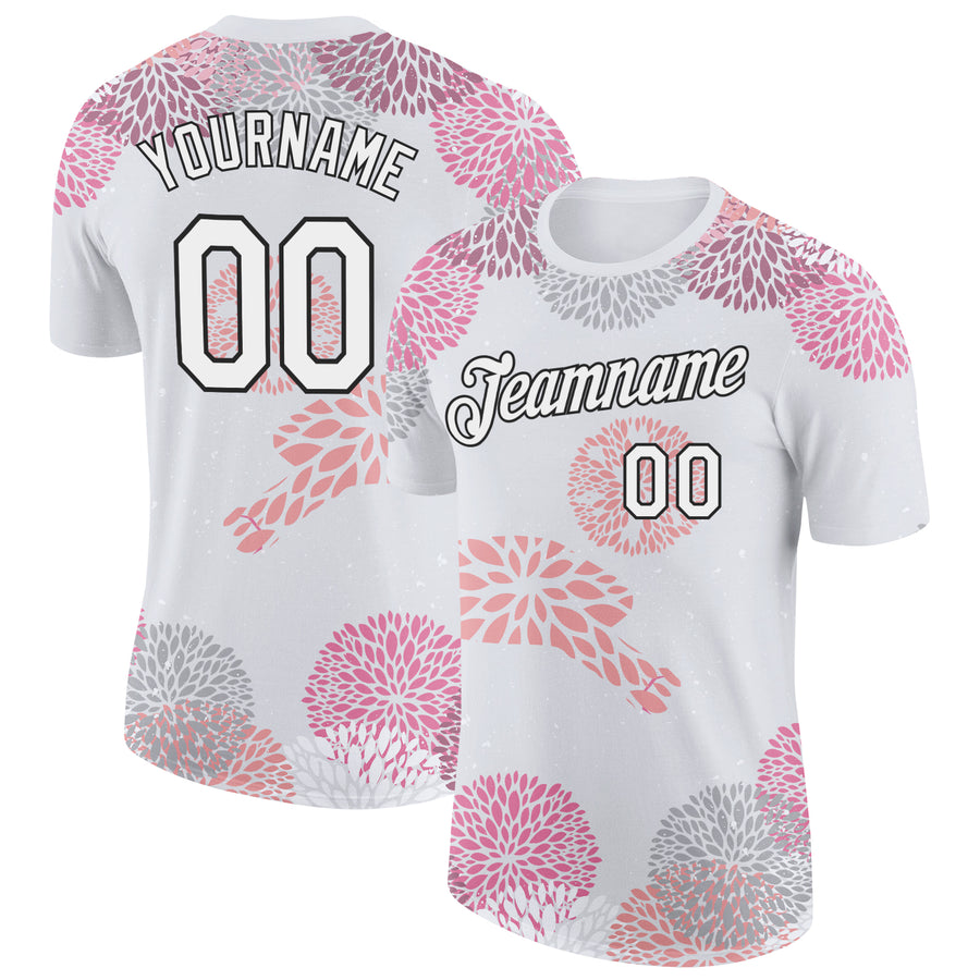 Custom White Black 3D Pickleball Paddles Balls Floral Performance T-Shirt