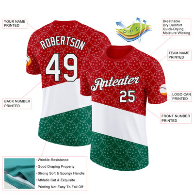 Custom Red White Green-Black 3D Pickleball Balls Performance T-Shirt