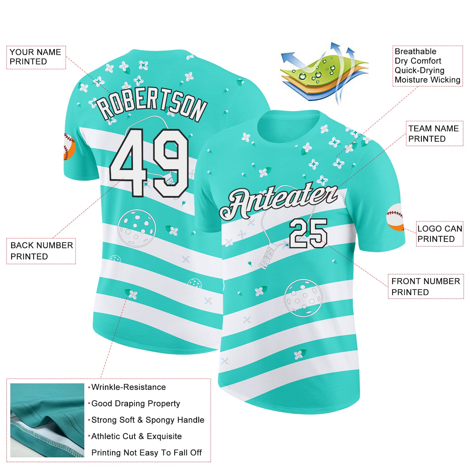 Custom Green White-Black 3D Pickleball Paddles Balls Floral Performance T-Shirt