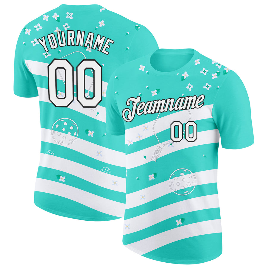 Custom Green White-Black 3D Pickleball Paddles Balls Floral Performance T-Shirt