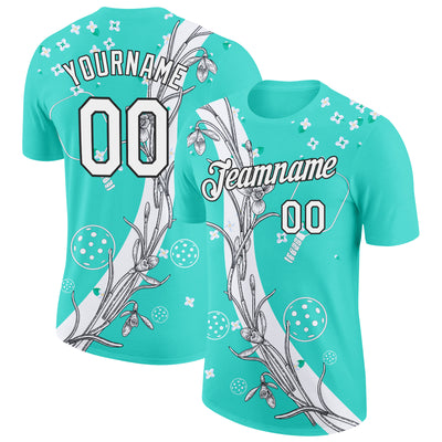 Custom Green White-Black 3D Pickleball Paddles Balls Floral Performance T-Shirt