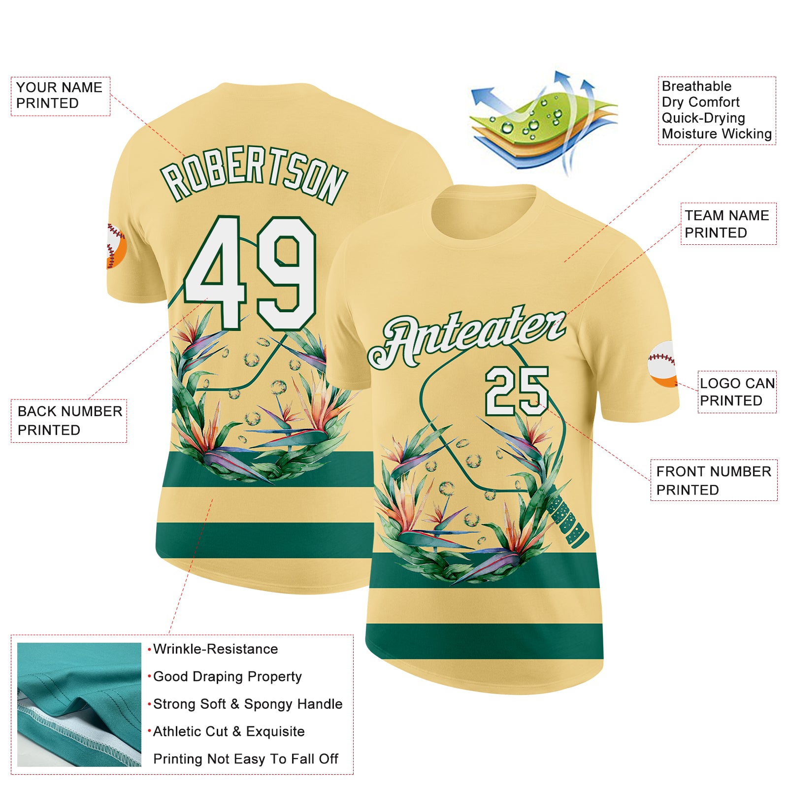 Custom Yellow White-Green 3D Pickleball Paddles Balls Floral Performance T-Shirt