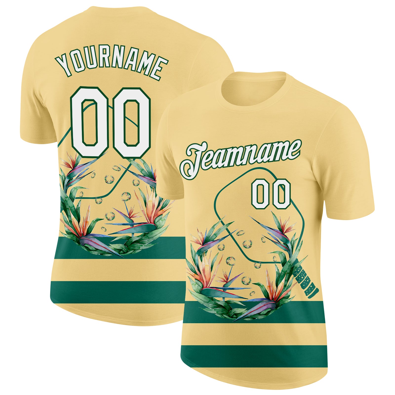 Custom Yellow White-Green 3D Pickleball Paddles Balls Floral Performance T-Shirt