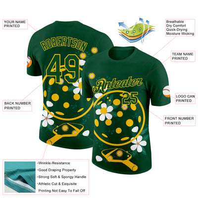 Custom Green Yellow 3D Pickleball Paddles Balls Floral Performance T-Shirt