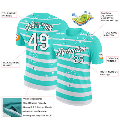 Custom Green White-Black 3D Pickleball Paddles Balls Floral Performance T-Shirt