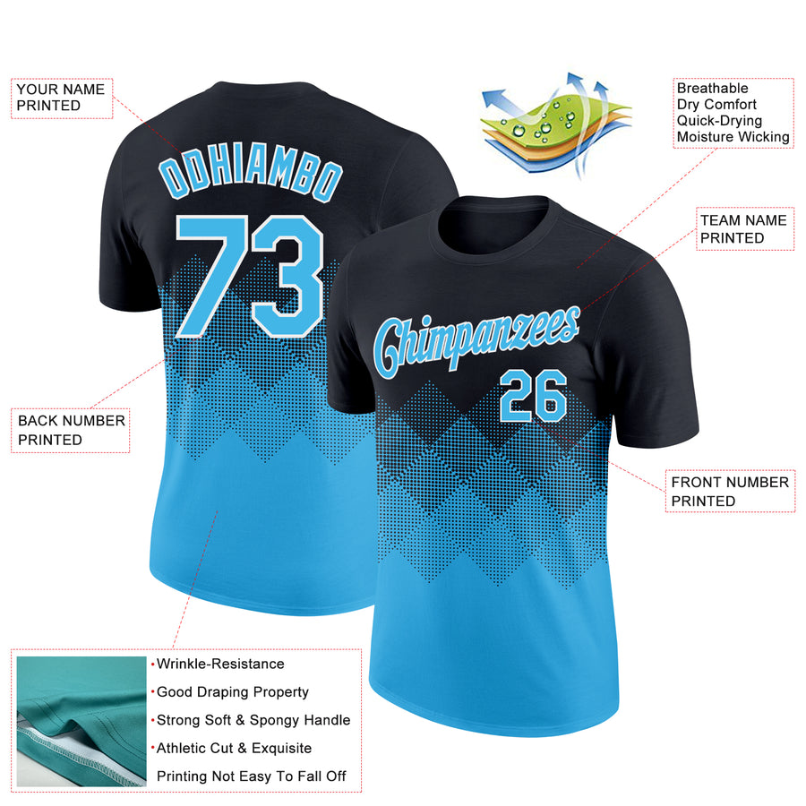 Custom Black Sky Blue-White 3D Pattern Design Gradient Square Shapes Performance T-Shirt