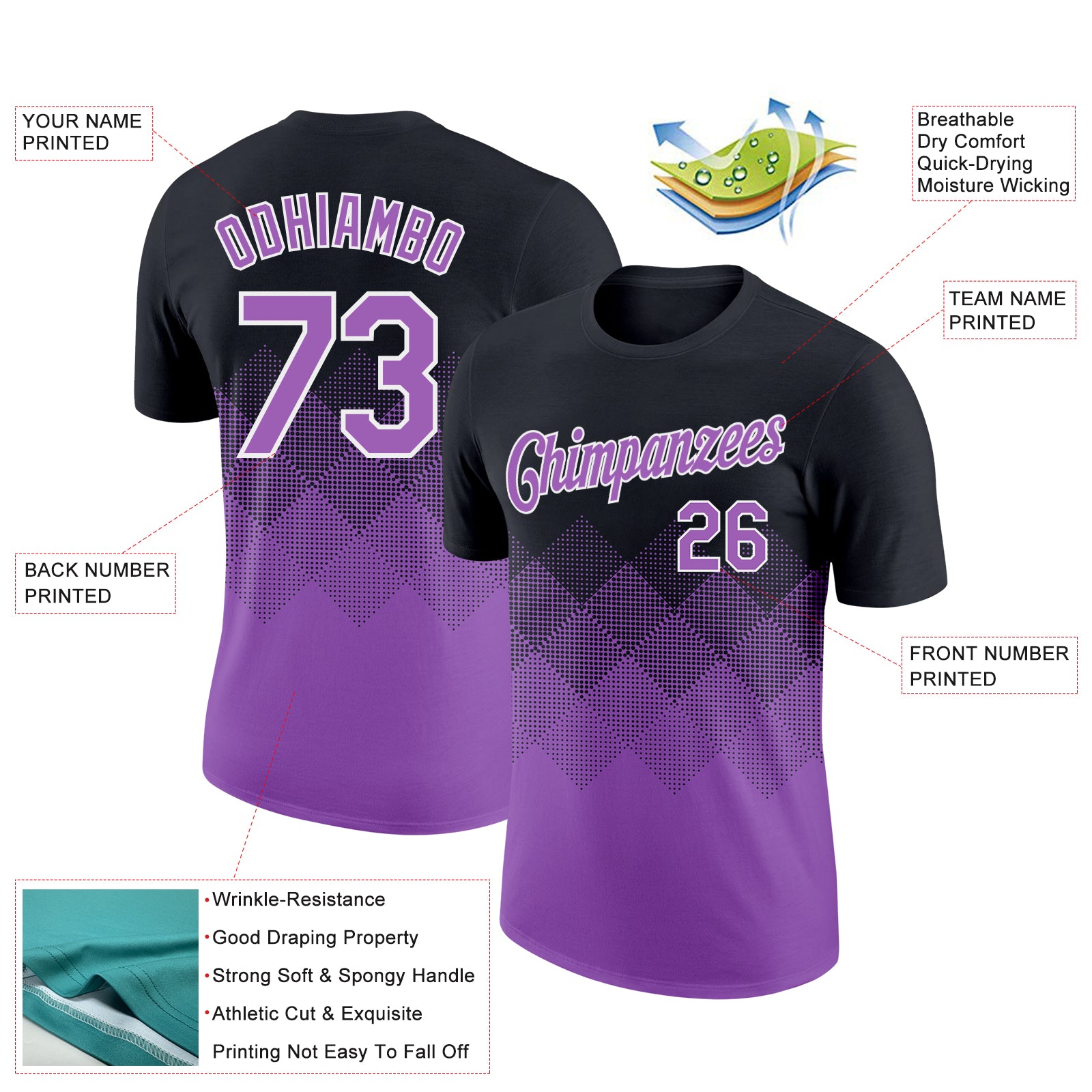 Custom Black Medium Purple-White 3D Pattern Design Gradient Square Shapes Performance T-Shirt