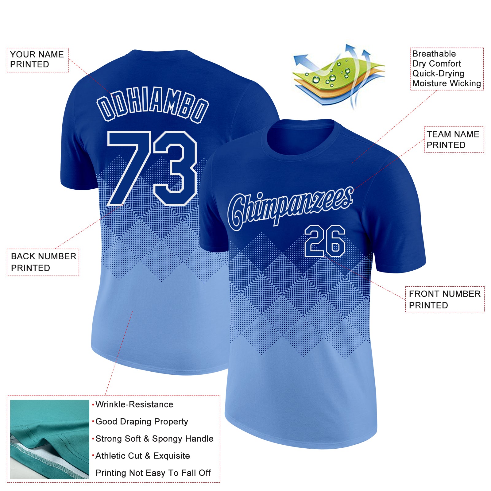 Custom Royal Light Blue-White 3D Pattern Design Gradient Square Shapes Performance T-Shirt