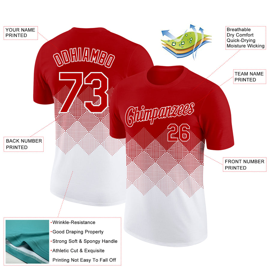 Custom Red White 3D Pattern Design Gradient Square Shapes Performance T-Shirt