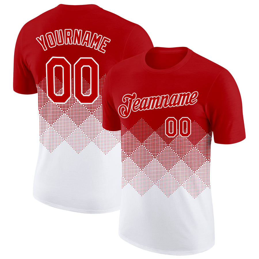 Custom Red White 3D Pattern Design Gradient Square Shapes Performance T-Shirt