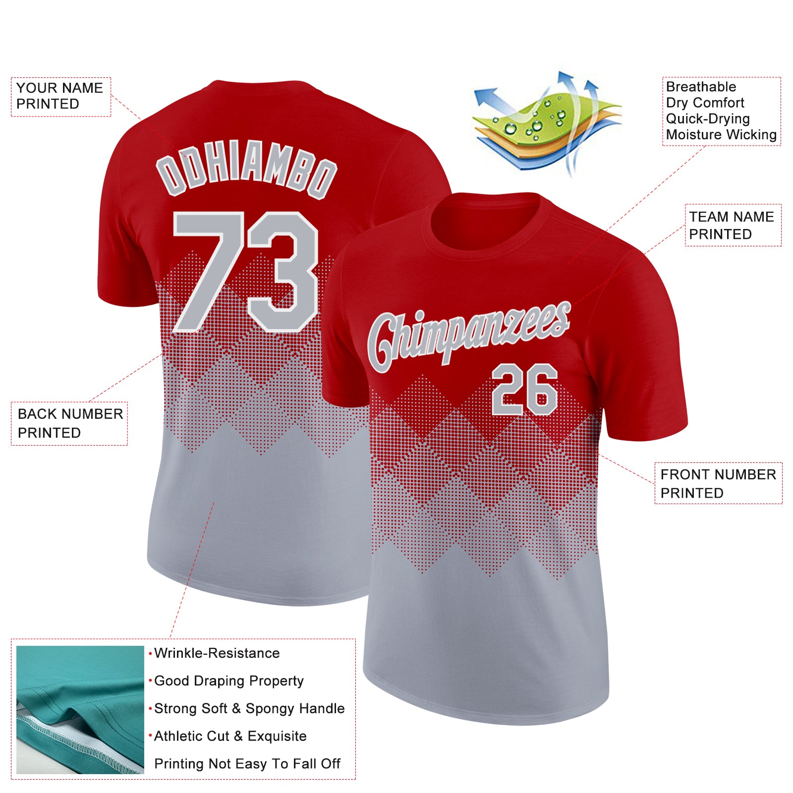 Custom Red Gray-White 3D Pattern Design Gradient Square Shapes Performance T-Shirt