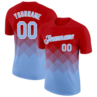 Custom Red Light Blue-White 3D Pattern Design Gradient Square Shapes Performance T-Shirt