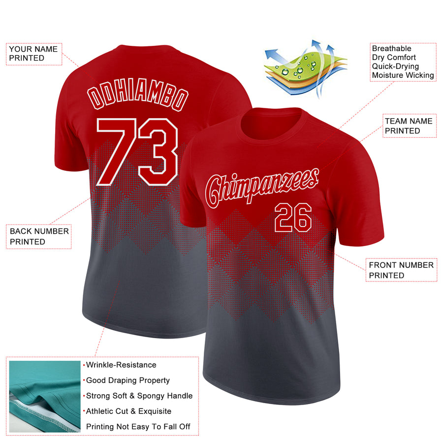 Custom Red Steel Gray-White 3D Pattern Design Gradient Square Shapes Performance T-Shirt