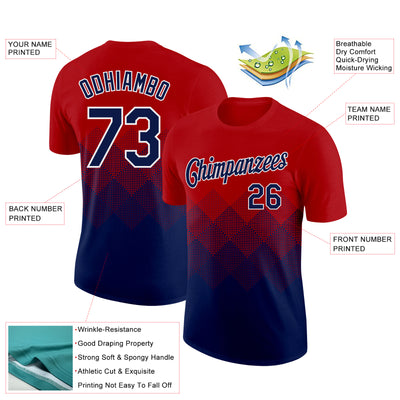 Custom Red Navy-White 3D Pattern Design Gradient Square Shapes Performance T-Shirt