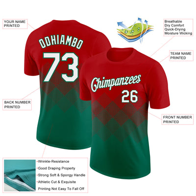 Custom Red White-Kelly Green 3D Pattern Design Gradient Square Shapes Performance T-Shirt