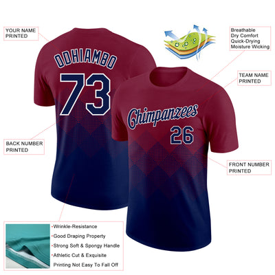 Custom Crimson Navy-White 3D Pattern Design Gradient Square Shapes Performance T-Shirt