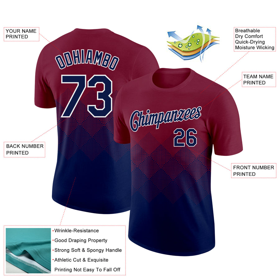 Custom Crimson Navy-White 3D Pattern Design Gradient Square Shapes Performance T-Shirt