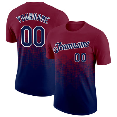 Custom Crimson Navy-White 3D Pattern Design Gradient Square Shapes Performance T-Shirt