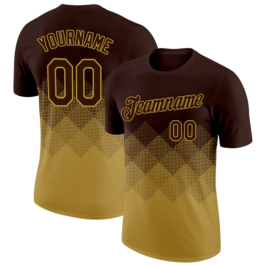 Custom Brown Old Gold 3D Pattern Design Gradient Square Shapes Performance T-Shirt