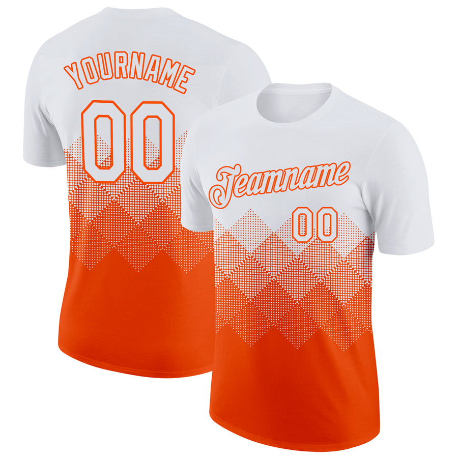 Custom White Orange 3D Pattern Design Gradient Square Shapes Performance T-Shirt