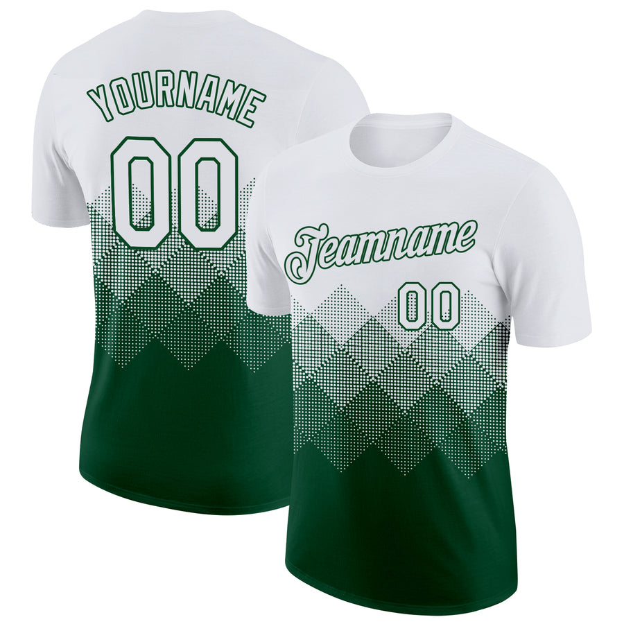 Custom White Green 3D Pattern Design Gradient Square Shapes Performance T-Shirt