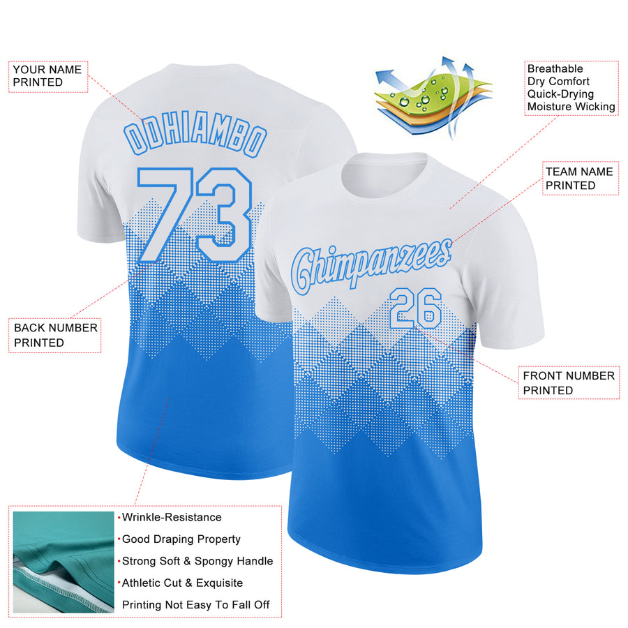 Custom White Powder Blue 3D Pattern Design Gradient Square Shapes Performance T-Shirt